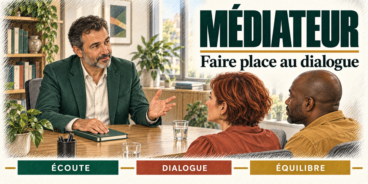 Design du mug Médiateur : titre en grandes capitales vert sapin, le médiateur à la barbe grise, en veste verte, mains ouvertes au-dessus de son carnet, verres d'eau sur la table, face à un couple, elle rousse en chemisier terracotta, lui en chemise moutarde, bibliothèque et plantes derrière eux, cartouches Écoute, Dialogue, Équilibre