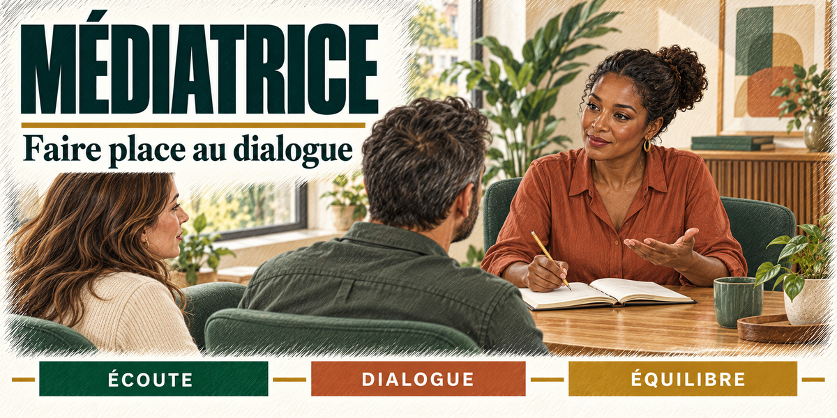 Design du mug Médiatrice : titre en grandes capitales vert sapin, la médiatrice au chignon, en chemise terracotta, carnet et stylo en main, geste de la main ouverte vers un couple assis de dos, elle brune, lui en veste verte, plantes et tableau abstrait du cabinet derrière eux, cartouches Écoute, Dialogue, Équilibre