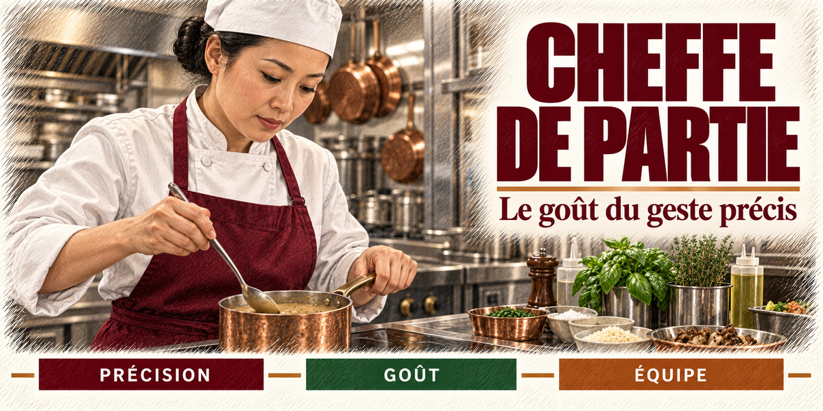 Design du mug Cheffe de partie : titre en grandes capitales bordeaux, la cheffe de partie qui nappe sa sauce à la cuillère dans une casserole en cuivre, herbes fraîches et bols de mise en place, cartouches Précision, Goût, Équipe