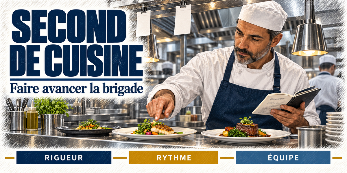 Design du mug Second de cuisine : titre en grandes capitales bleu marine, le second de cuisine à la barbe poivre et sel, carnet de bons à la main, qui contrôle les assiettes au passe sous les lampes, cartouches Rigueur, Rythme, Équipe