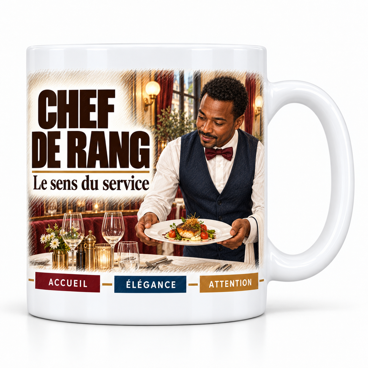 Mug céramique blanc Chef de rang : le chef de rang en gilet bleu marine et nœud papillon qui présente l'assiette, devise Le sens du service, cartouches Accueil, Élégance, Attention