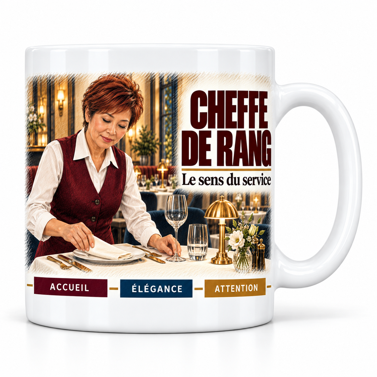 Mug céramique blanc Cheffe de rang : la cheffe de rang en gilet bordeaux qui dresse la table, devise Le sens du service, cartouches Accueil, Élégance, Attention
