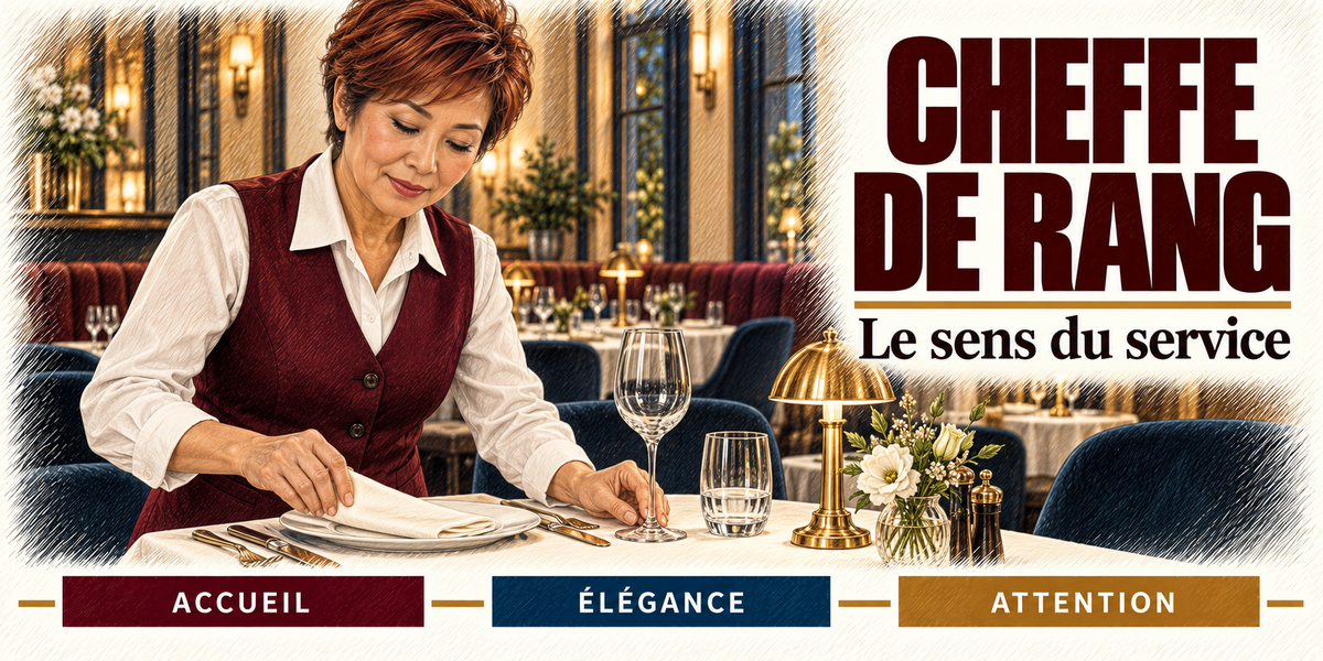 Design du mug Cheffe de rang : titre en grandes capitales bordeaux, la cheffe de rang aux cheveux auburn qui dresse la table, serviette pliée et verre à pied, lampe dorée et fauteuils de velours bleu, cartouches Accueil, Élégance, Attention