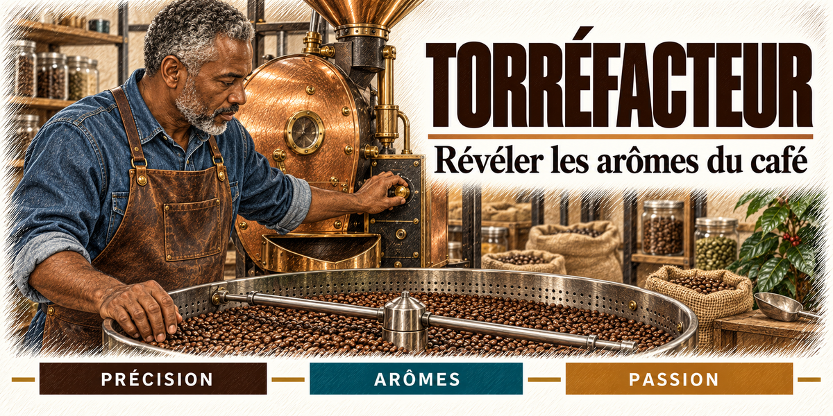 Design du mug Torréfacteur : titre en grandes capitales brun espresso, le torréfacteur aux cheveux poivre et sel, la main dans le bac de refroidissement des grains, le tambour en cuivre et les sacs de jute, cartouches Précision, Arômes, Passion