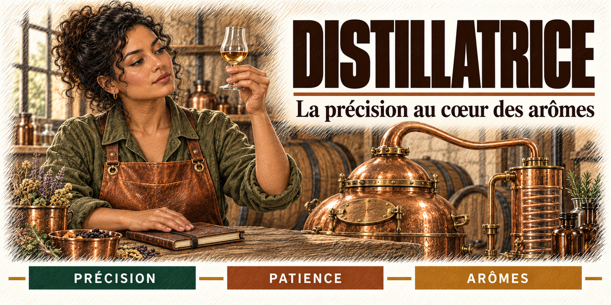 Design du mug Distillatrice : titre en grandes capitales brun chocolat, la distillatrice aux boucles brunes qui examine la couleur d'un échantillon, carnet de notes, alambic en cuivre et fûts de chêne, cartouches Précision, Patience, Arômes