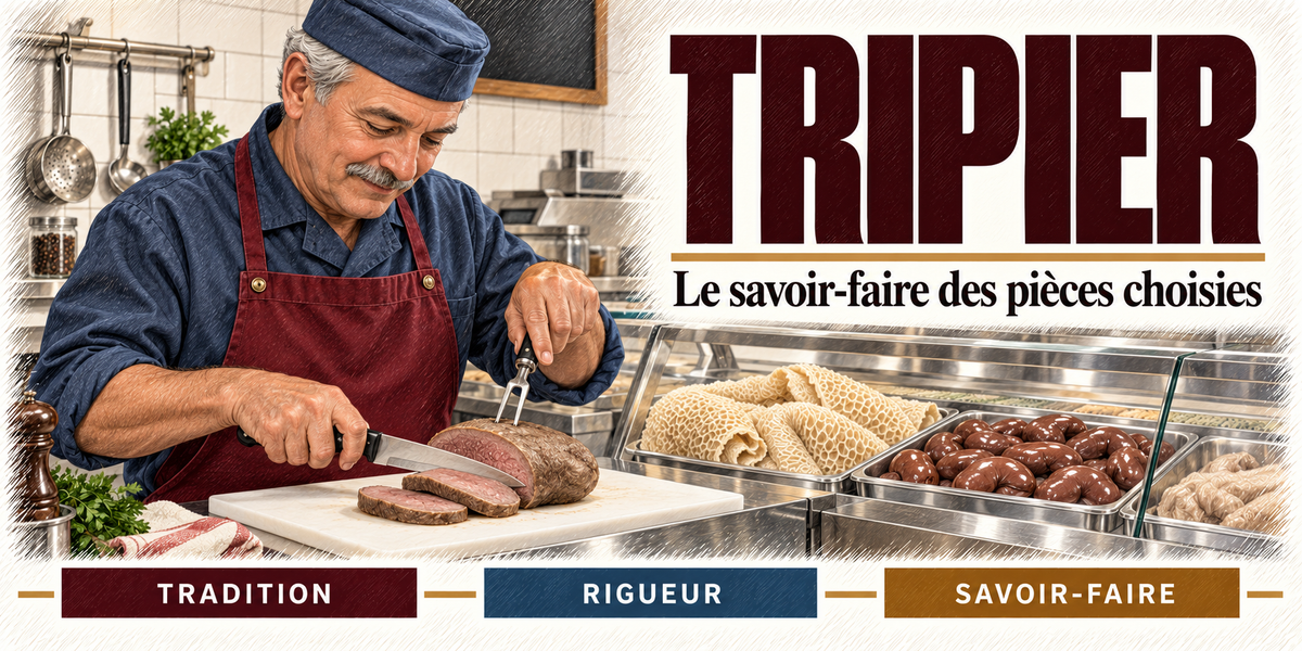 Design du mug Tripier : titre en grandes capitales bordeaux, le tripier moustachu qui tranche finement une pièce cuite sur la planche, vitrine de gras-double et de rognons, cartouches Tradition, Rigueur, Savoir-faire