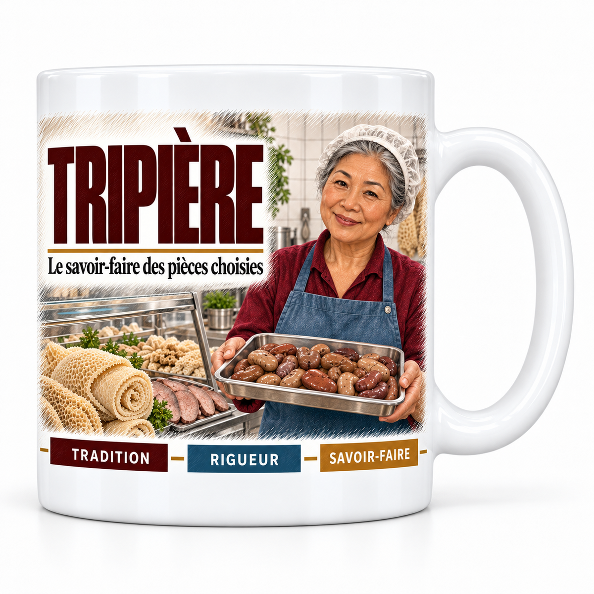 Mug céramique blanc Tripière : la tripière en charlotte et tablier bleu qui présente un plateau de rognons, devise Le savoir-faire des pièces choisies, cartouches Tradition, Rigueur, Savoir-faire