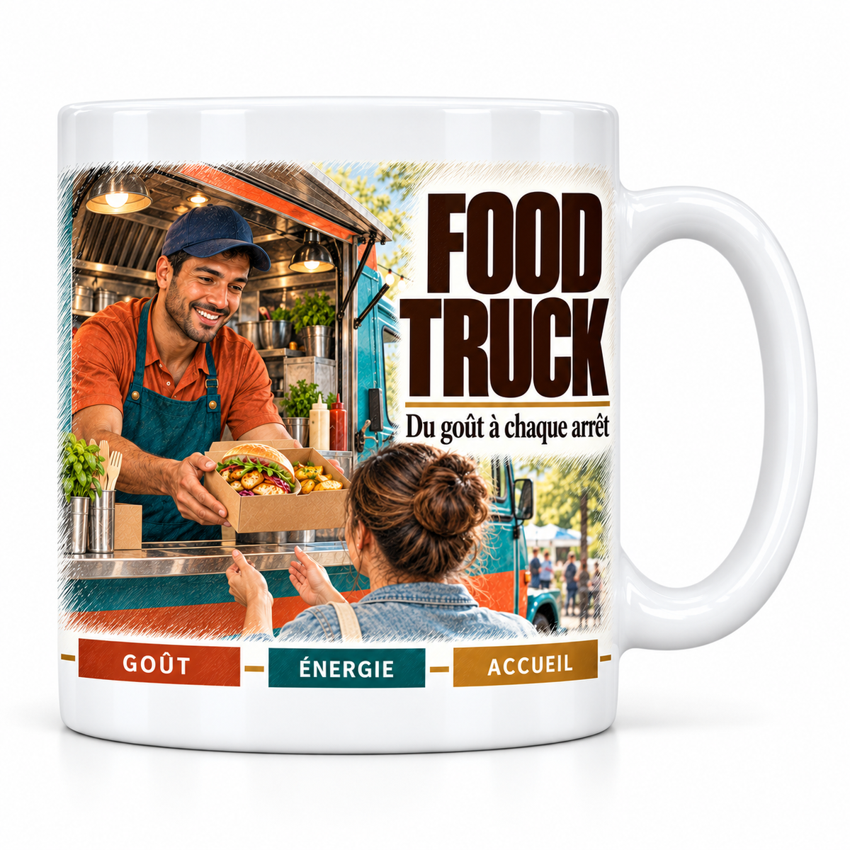 Mug céramique blanc Restaurateur food truck : le restaurateur en casquette et tablier bleu canard qui sert au comptoir du camion, devise Du goût à chaque arrêt, cartouches Goût, Énergie, Accueil
