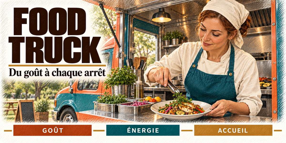 Design du mug Restauratrice food truck : titre FOOD TRUCK en grandes capitales brun chocolat, la restauratrice aux boucles rousses qui dresse à la pince une assiette dans la cuisine du camion, cartouches Goût, Énergie, Accueil