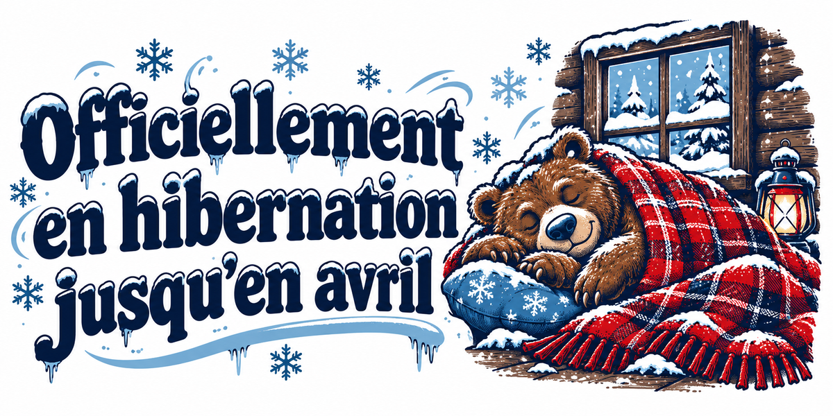 Visuel du mug « Officiellement en hibernation jusqu’en avril », illustration rétro d'hiver québécois en bleu nuit et rouge