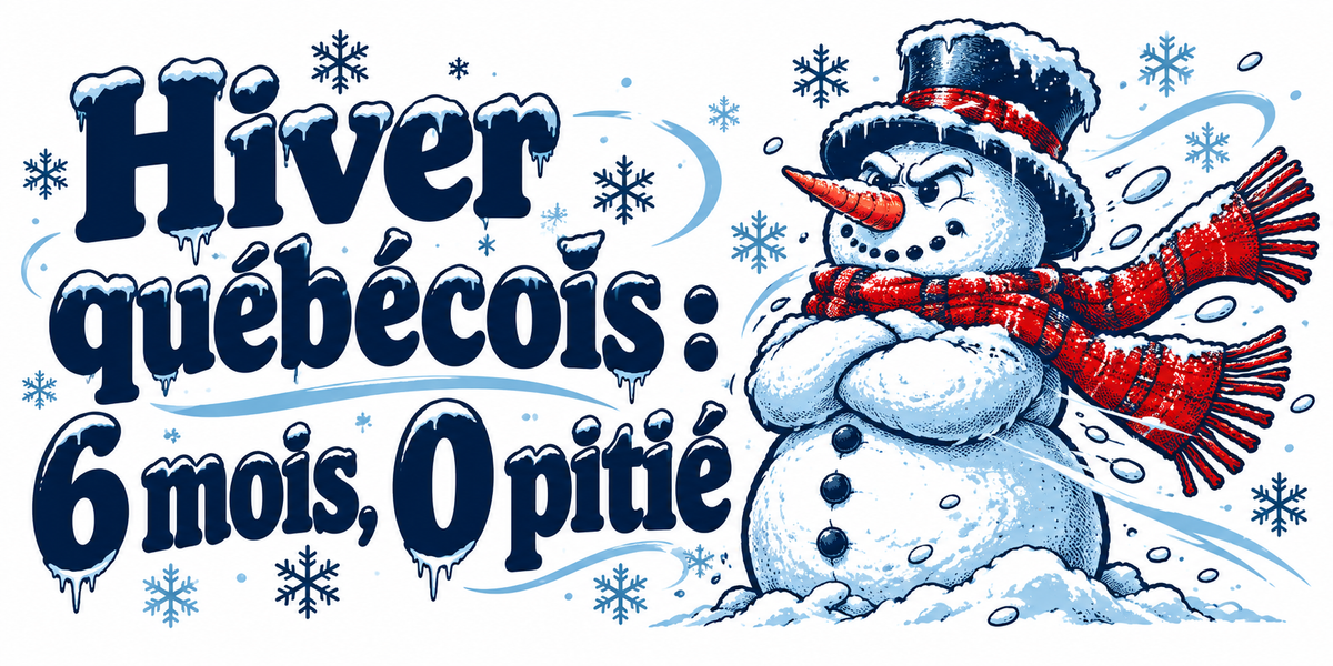 Visuel du mug « Hiver québécois : 6 mois, 0 pitié », illustration rétro d'hiver québécois en bleu nuit et rouge