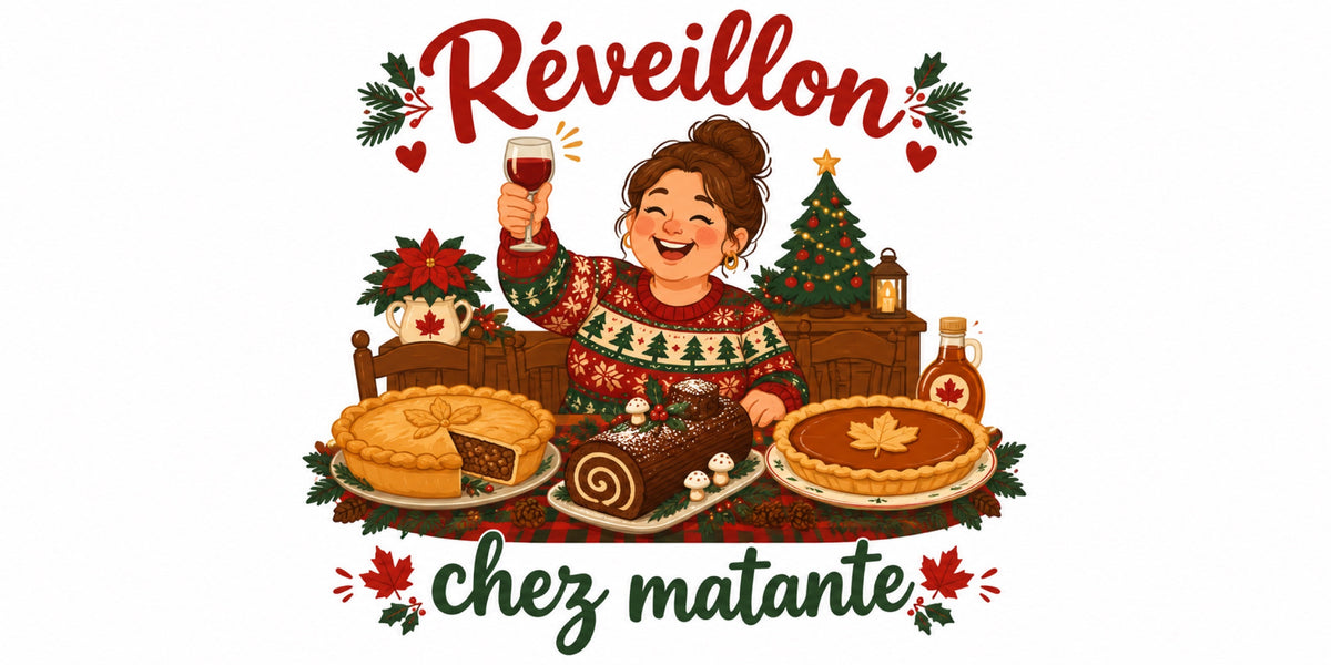 Visuel du mug « Réveillon chez matante », illustration de Noël québécois