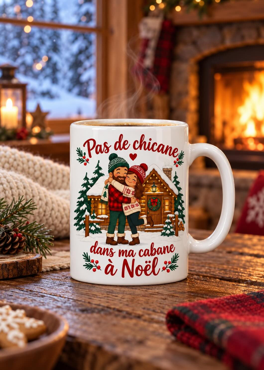 Mug « Pas de chicane dans ma cabane à Noël » en situation, décor chaleureux des Fêtes