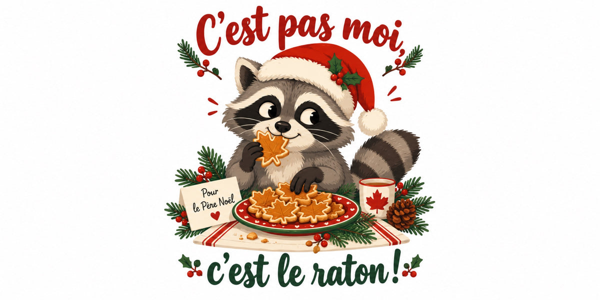 Visuel du mug « C'est pas moi, c'est le raton ! », illustration de Noël québécois