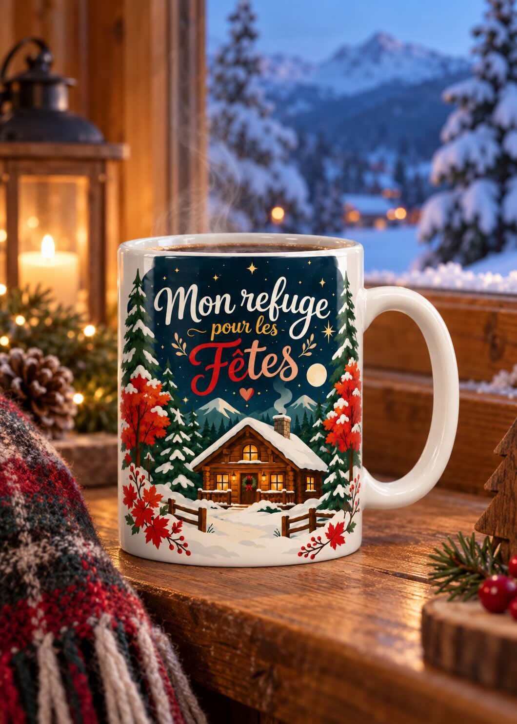 Mug « Mon refuge pour les Fêtes » en situation, décor chaleureux des Fêtes