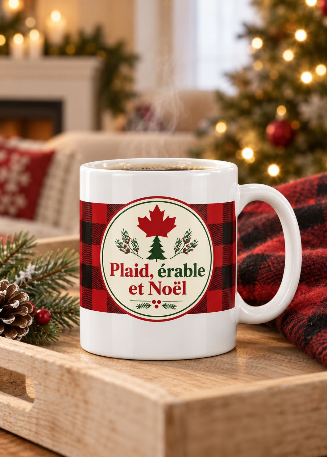 Mug « Plaid, érable et Noël » en situation, décor chaleureux des Fêtes