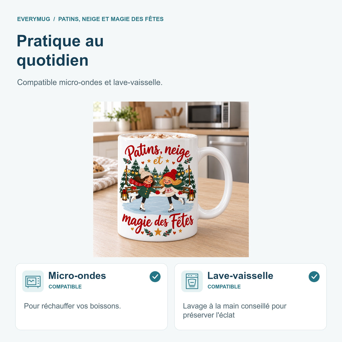 Mug Patins, neige et magie des Fêtes — micro-ondes-lave-vaisselle