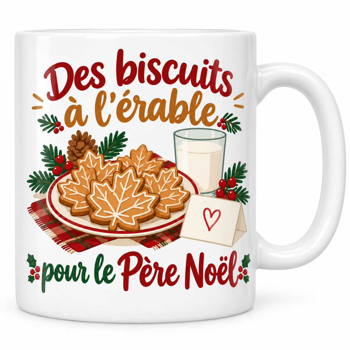 Mug blanc céramique Noël québécois « Des biscuits à l'érable pour le Père Noël » : une assiette de biscuits en forme de feuille d'érable, un verre de lait et un petit mot sont laissés pour le Père Noël