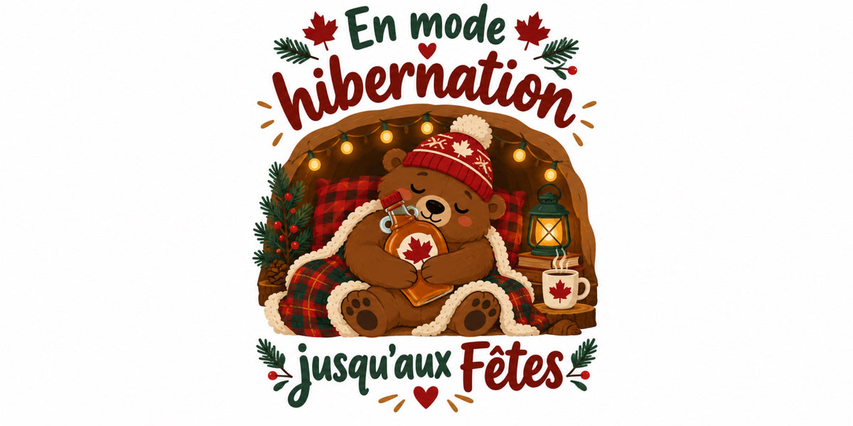 Visuel du mug « En mode hibernation jusqu'aux Fêtes », illustration de Noël québécois