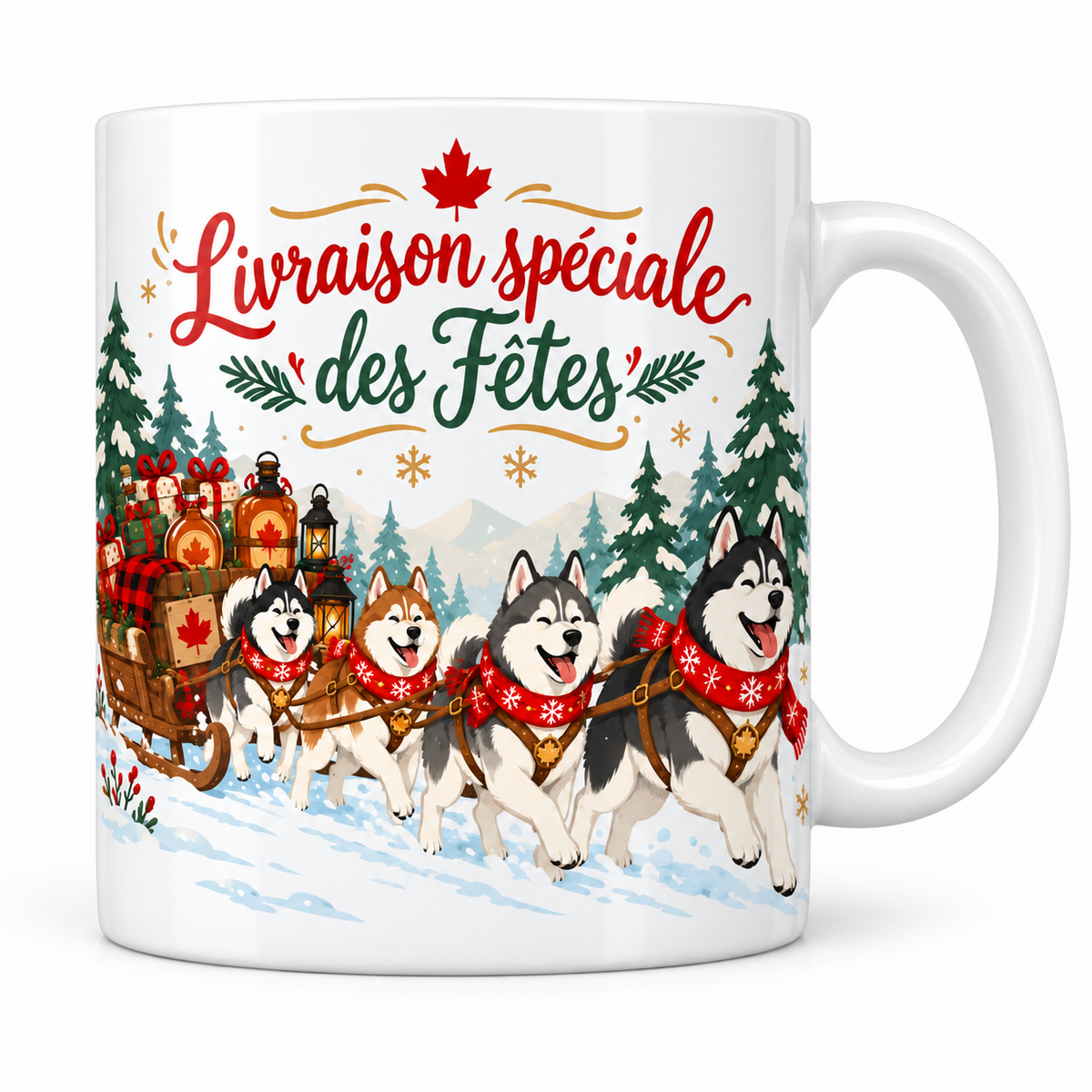 Mug blanc céramique Noël québécois « Livraison spéciale des Fêtes » : un attelage de huskies en foulards rouges tire un traîneau chargé de cadeaux et de sirop d'érable à travers la forêt enneigée