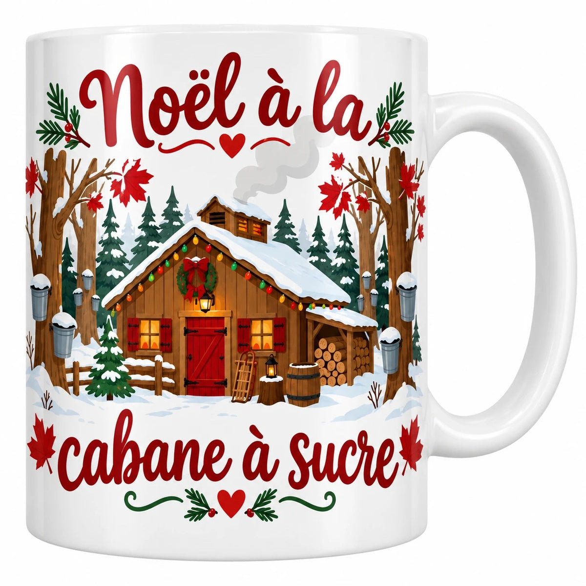 Mug blanc céramique Noël québécois « Noël à la cabane à sucre » : une cabane à sucre en bois sous la neige, décorée d'une couronne et de lumières de Noël, au milieu d'érables équipés de chaudières à sève