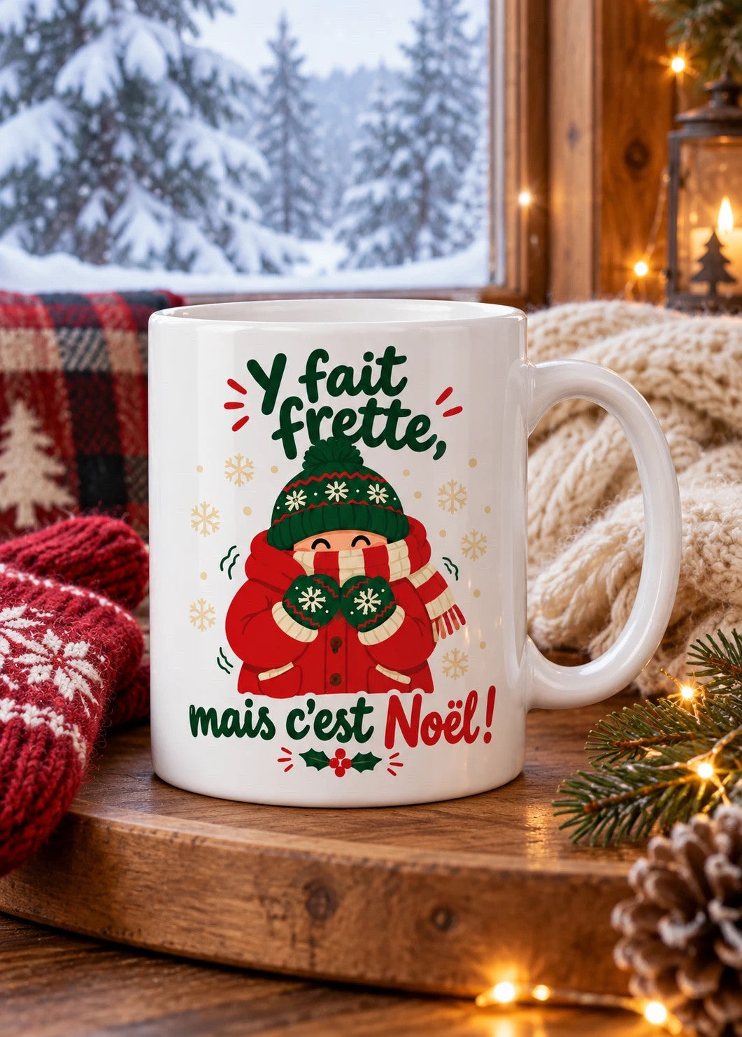 Mug « Y fait frette, mais c'est Noël ! » en situation, décor chaleureux des Fêtes