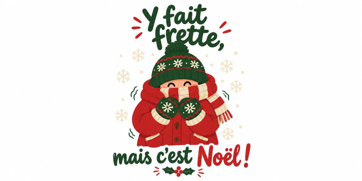 Visuel du mug « Y fait frette, mais c'est Noël ! », illustration de Noël québécois
