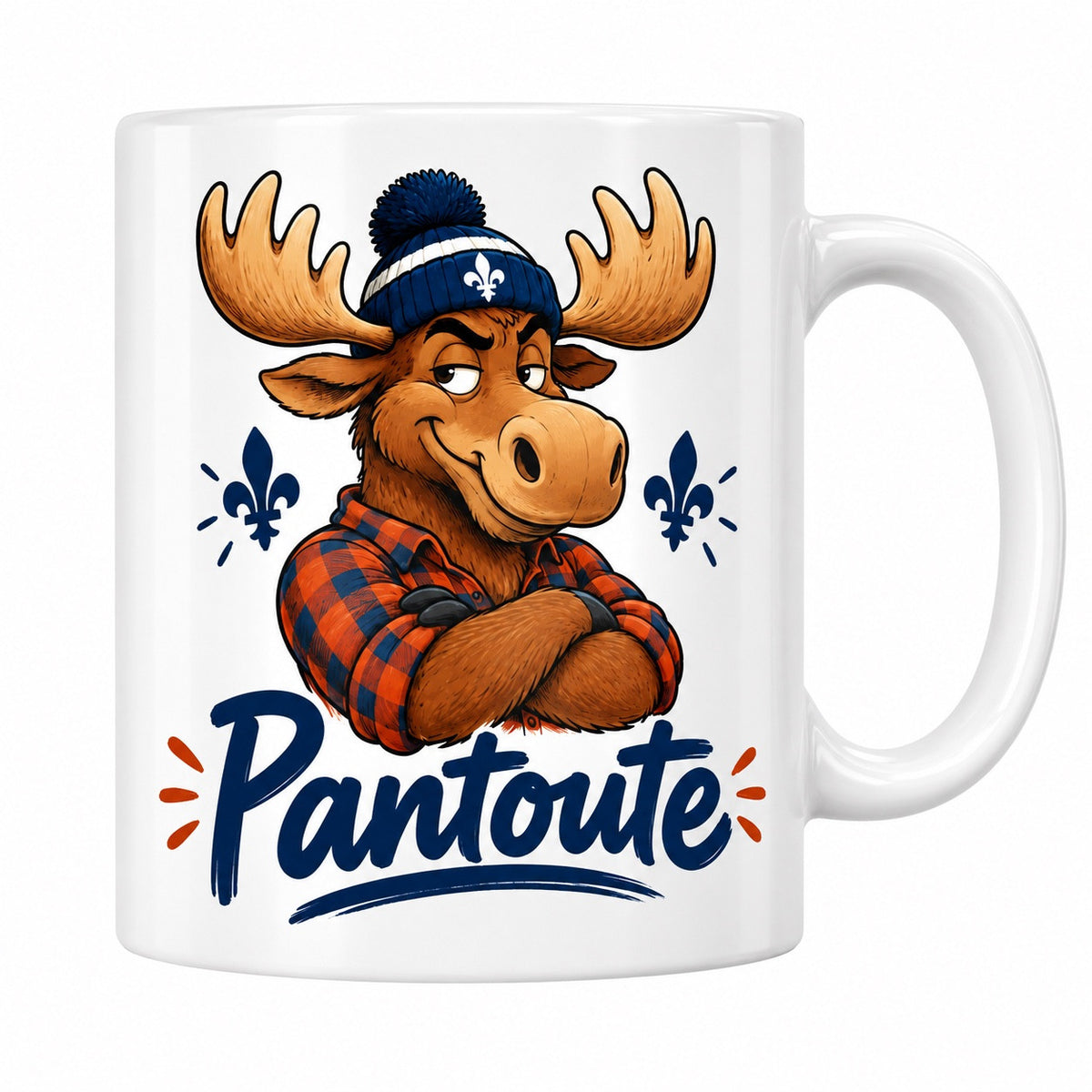 Mug blanc céramique Expression québécoise « Pantoute » : un orignal en chemise à carreaux rouge et noir et tuque à fleur de lys croise les bras, l'air faussement blasé
