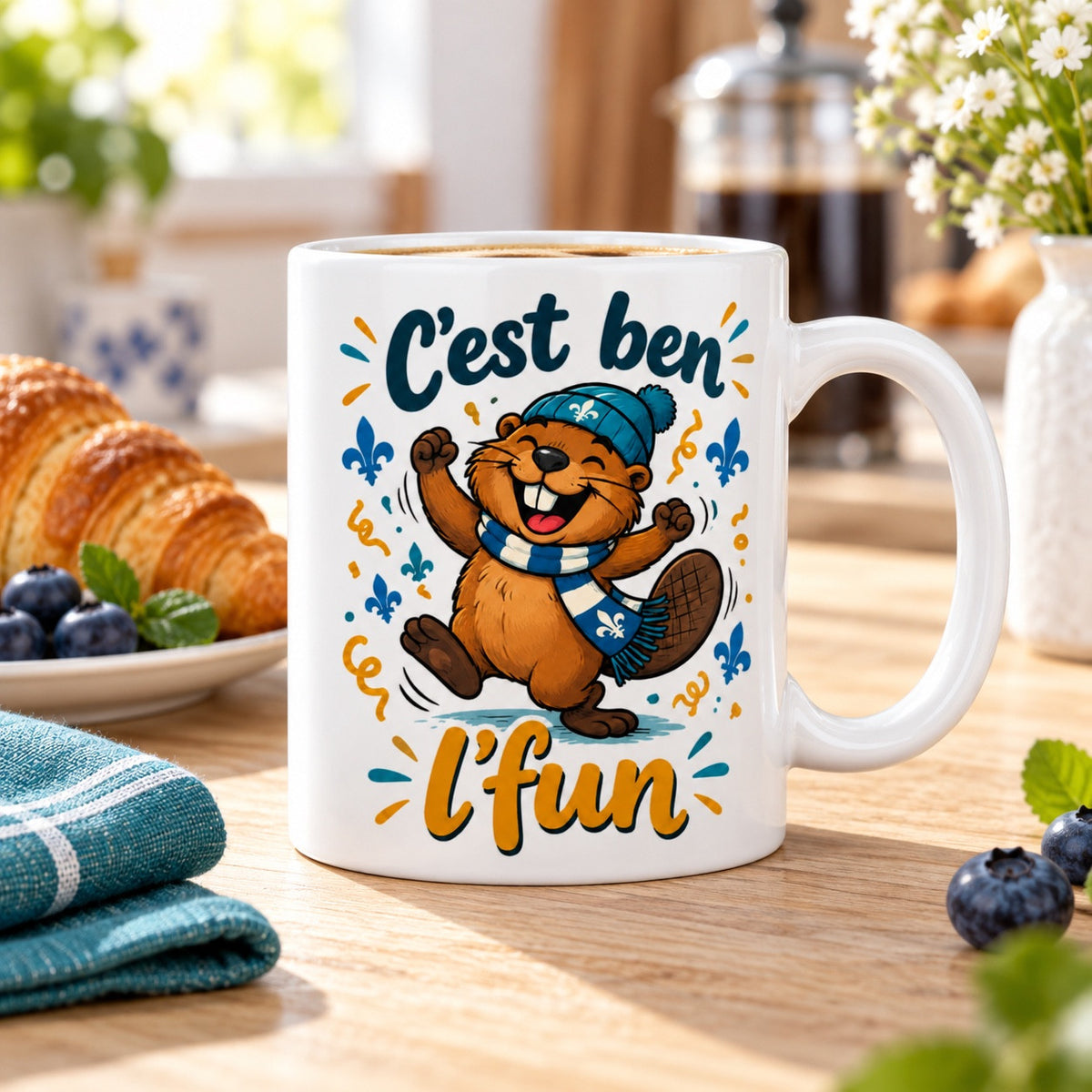 Mug « C'est ben l'fun » en situation, mise en scène