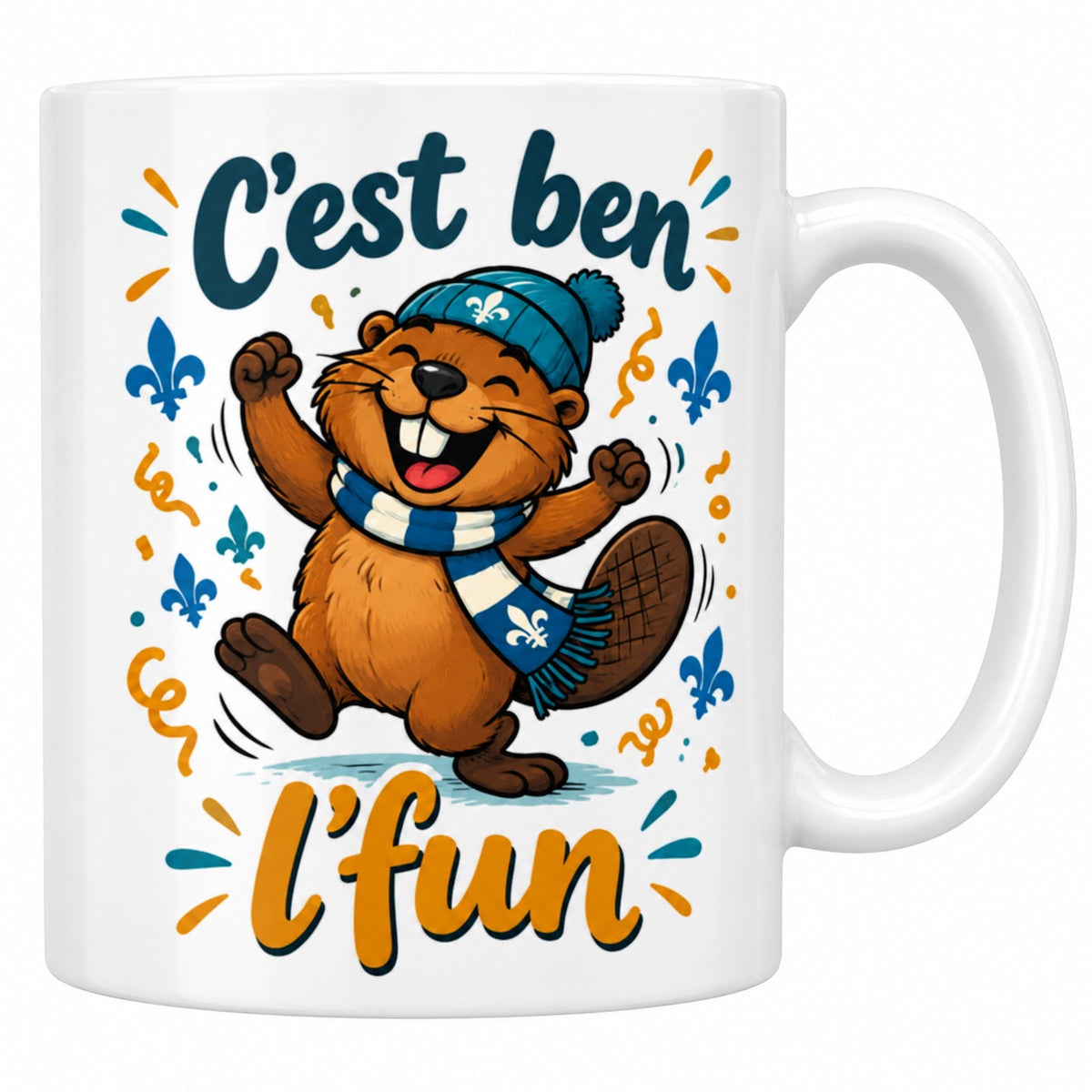 Mug blanc céramique Expression québécoise « C'est ben l'fun » : un castor en tuque et foulard bleus danse de joie au milieu des fleurs de lys et des serpentins