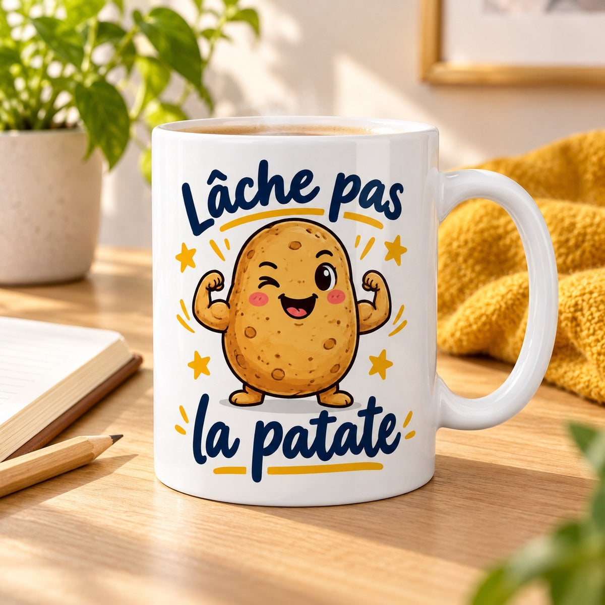 Mug « Lâche pas la patate » en situation, mise en scène