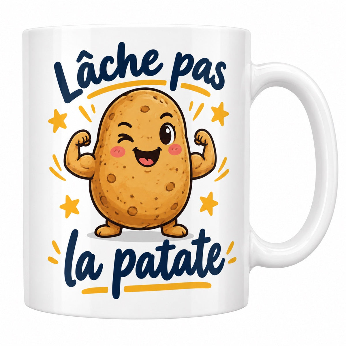 Mug blanc céramique Expression québécoise « Lâche pas la patate » : une petite patate souriante fait un clin d'œil en montrant ses biceps, entourée d'étoiles dorées