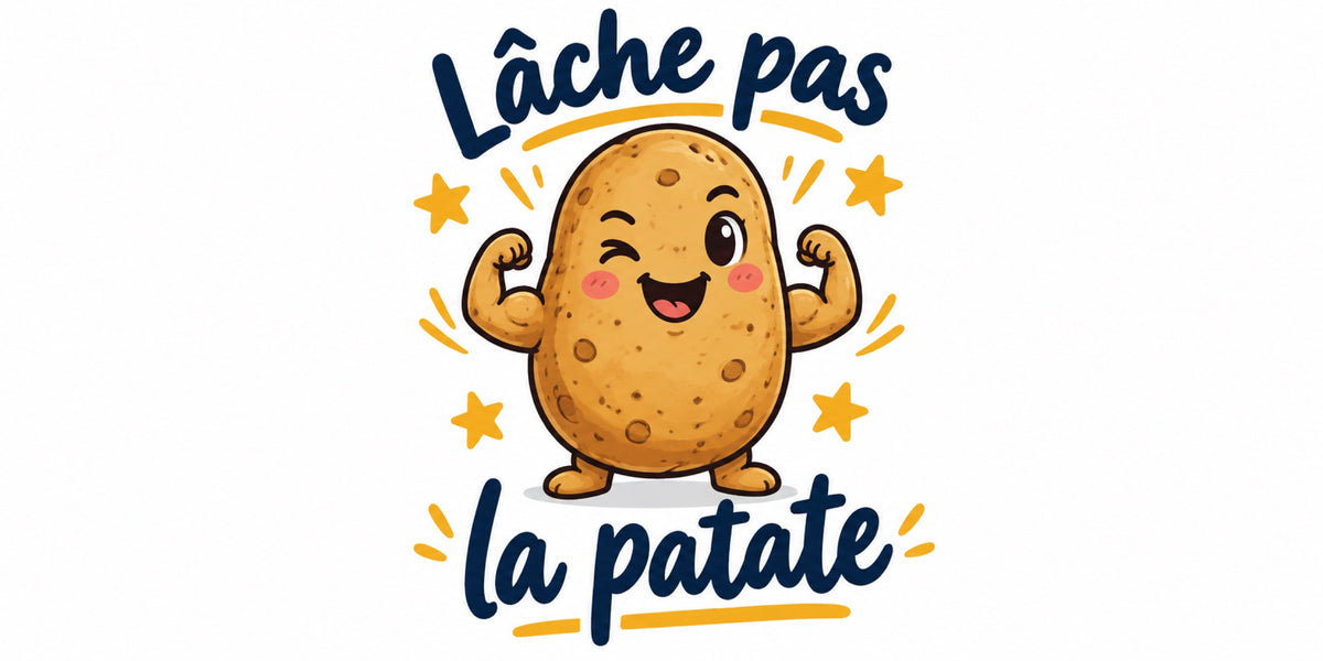 Visuel du mug « Lâche pas la patate », expression québécoise illustrée