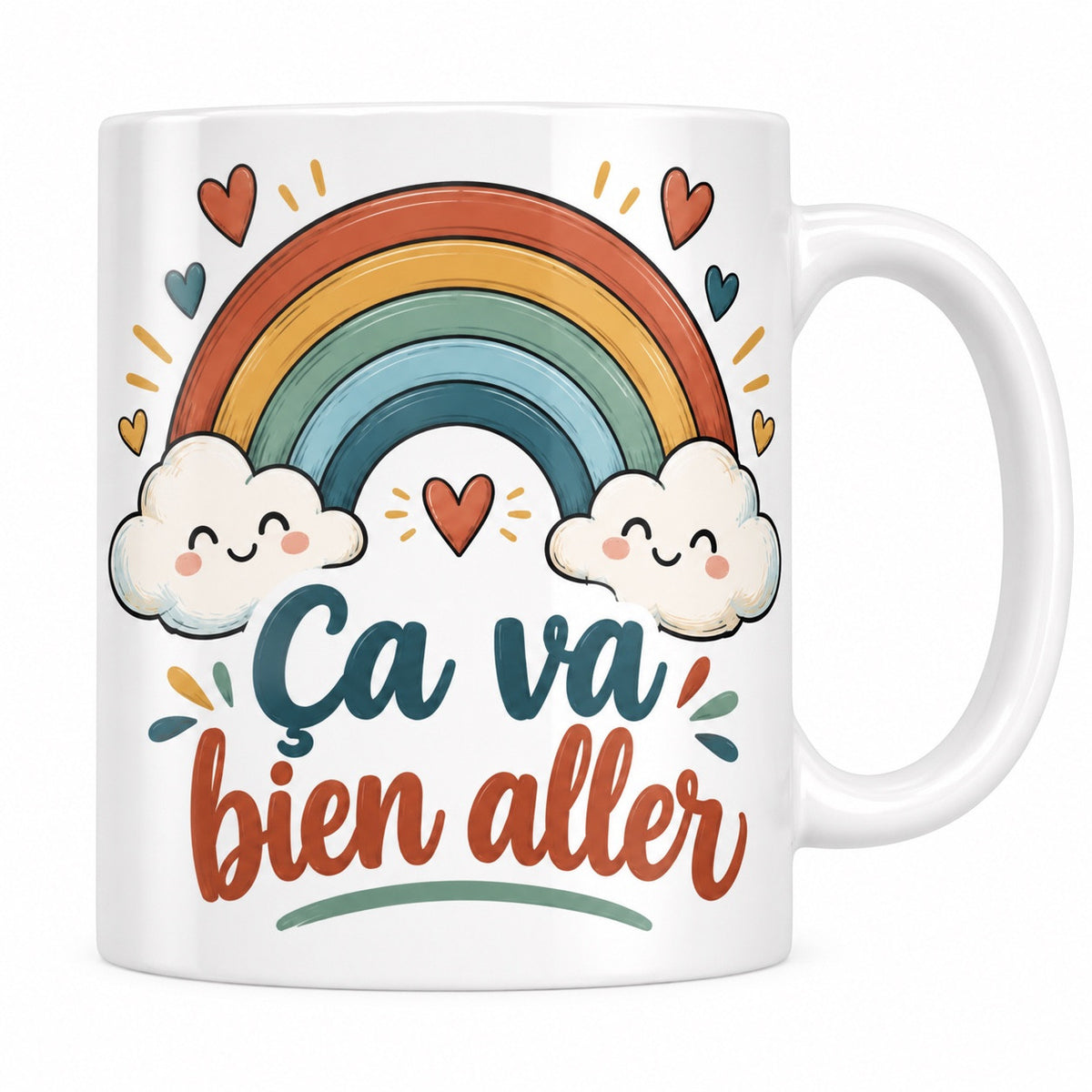 Mug blanc céramique Expression québécoise « Ça va bien aller » : un arc-en-ciel aux tons doux posé sur deux petits nuages souriants, entouré de cœurs