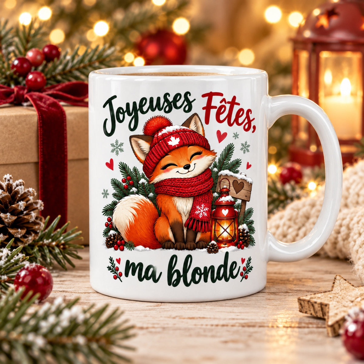 Mug « Joyeuses Fêtes, ma blonde » en situation, mise en scène