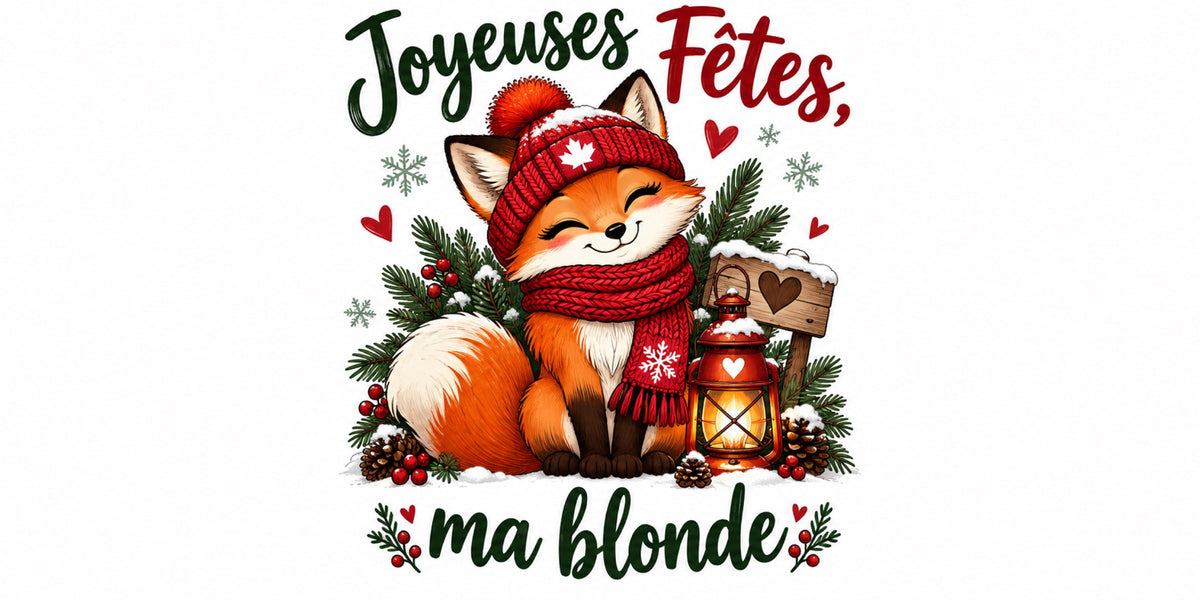 Visuel du mug « Joyeuses Fêtes, ma blonde », expression québécoise illustrée