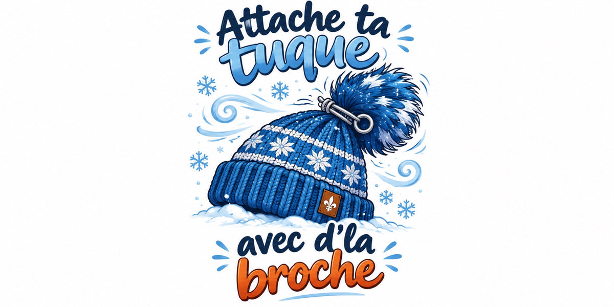 Visuel du mug « Attache ta tuque avec d'la broche », expression québécoise illustrée