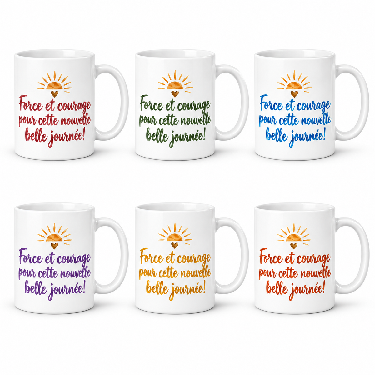 Lot de 6 mugs Force et Courage, six couleurs
