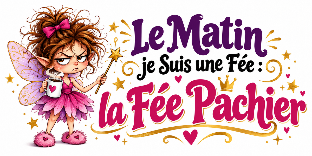 Visuel illustré petite fée boudeuse en rose tenant un mug, avec baguette, étoiles dorées et le texte Le matin je suis une fée : la fée Pachier