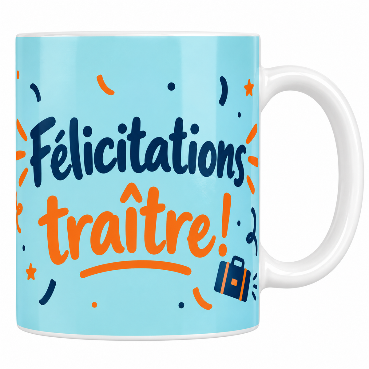 Mug bleu clair Félicitations traître avec valise, confettis orange et bleu marine