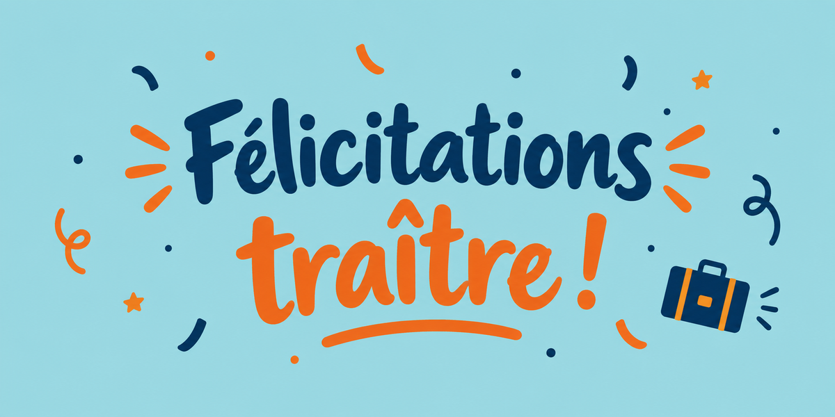 Visuel typographique bleu et orange Félicitations traître ! avec petite valise et confettis