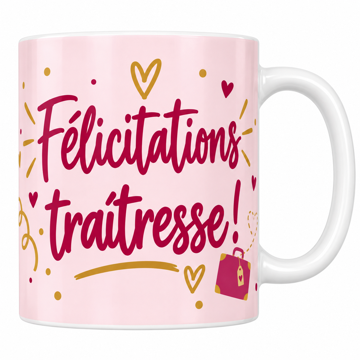 Mug rose pâle Félicitations traîtresse avec petite valise, cœurs et confettis dorés