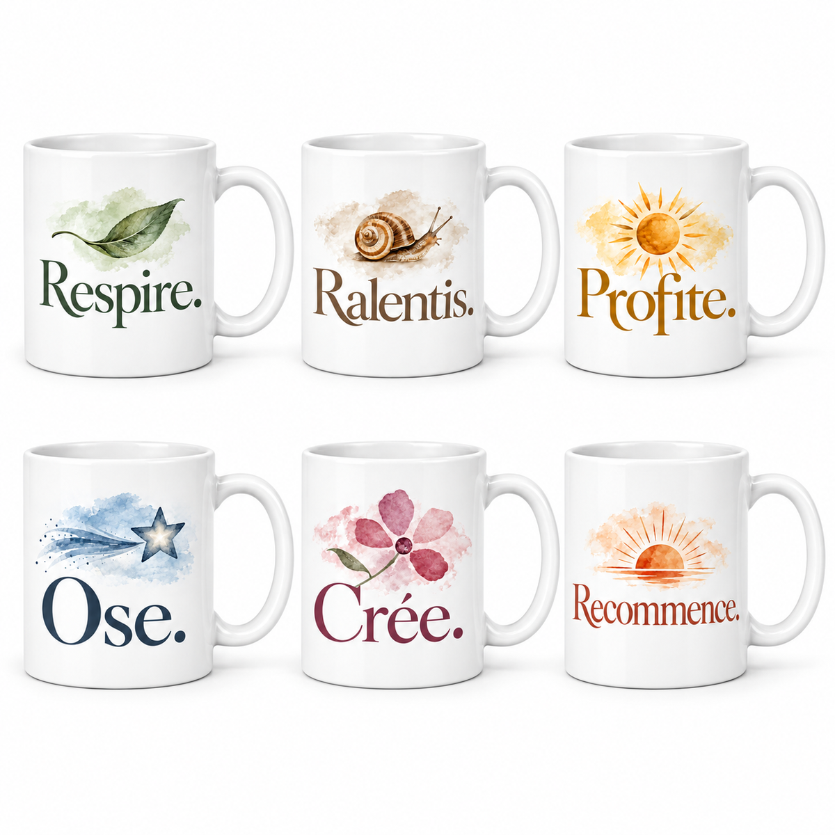 Lot de 6 mugs Instants Doux, six mots et motifs aquarelle