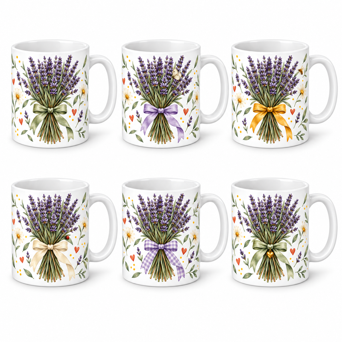 Lot de 6 mugs Lavande aquarelle, bouquet et six rubans