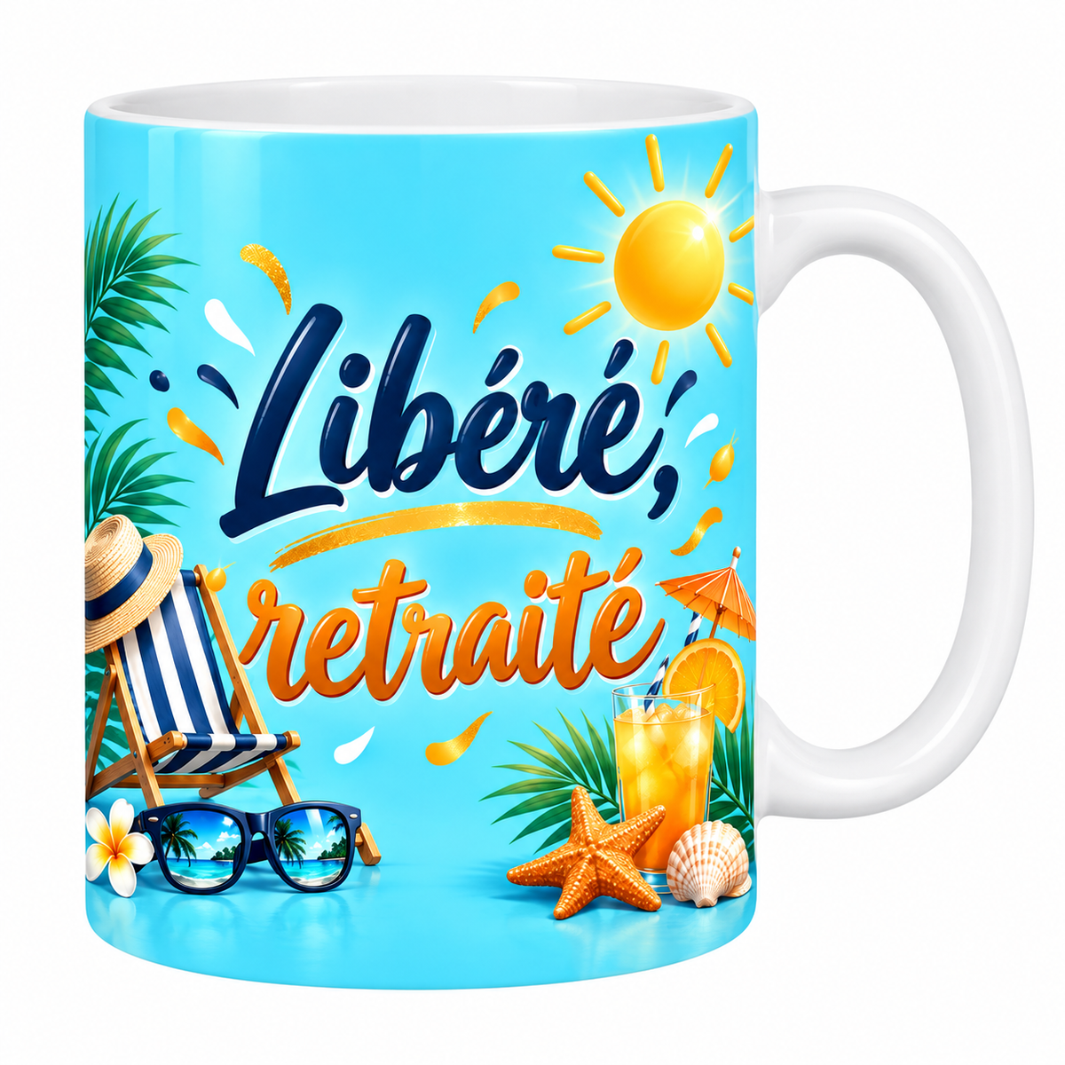 Mug blanc Libéré, Retraité : transat rayé bleu et blanc, chapeau de paille, cocktail et soleil sur fond turquoise
