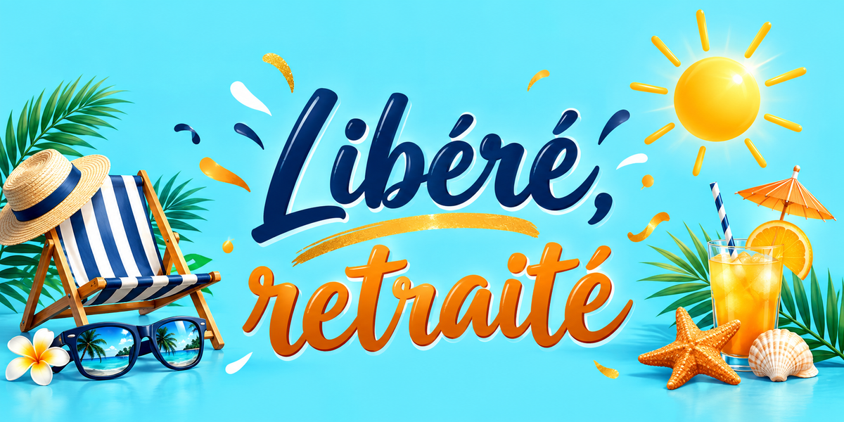 Illustration Libéré, retraité : transat à rayures, chapeau de paille, lunettes de soleil reflétant des palmiers, frangipanier, cocktail à l'orange, étoile de mer et coquillage sur fond turquoise