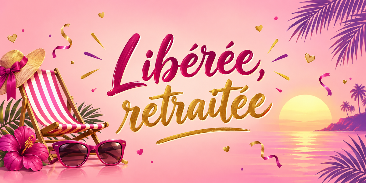 Illustration Libérée, retraitée : transat à rayures roses, fleurs d'hibiscus, lunettes de soleil, palmiers et soleil couchant sur la mer, confettis dorés sur fond rose