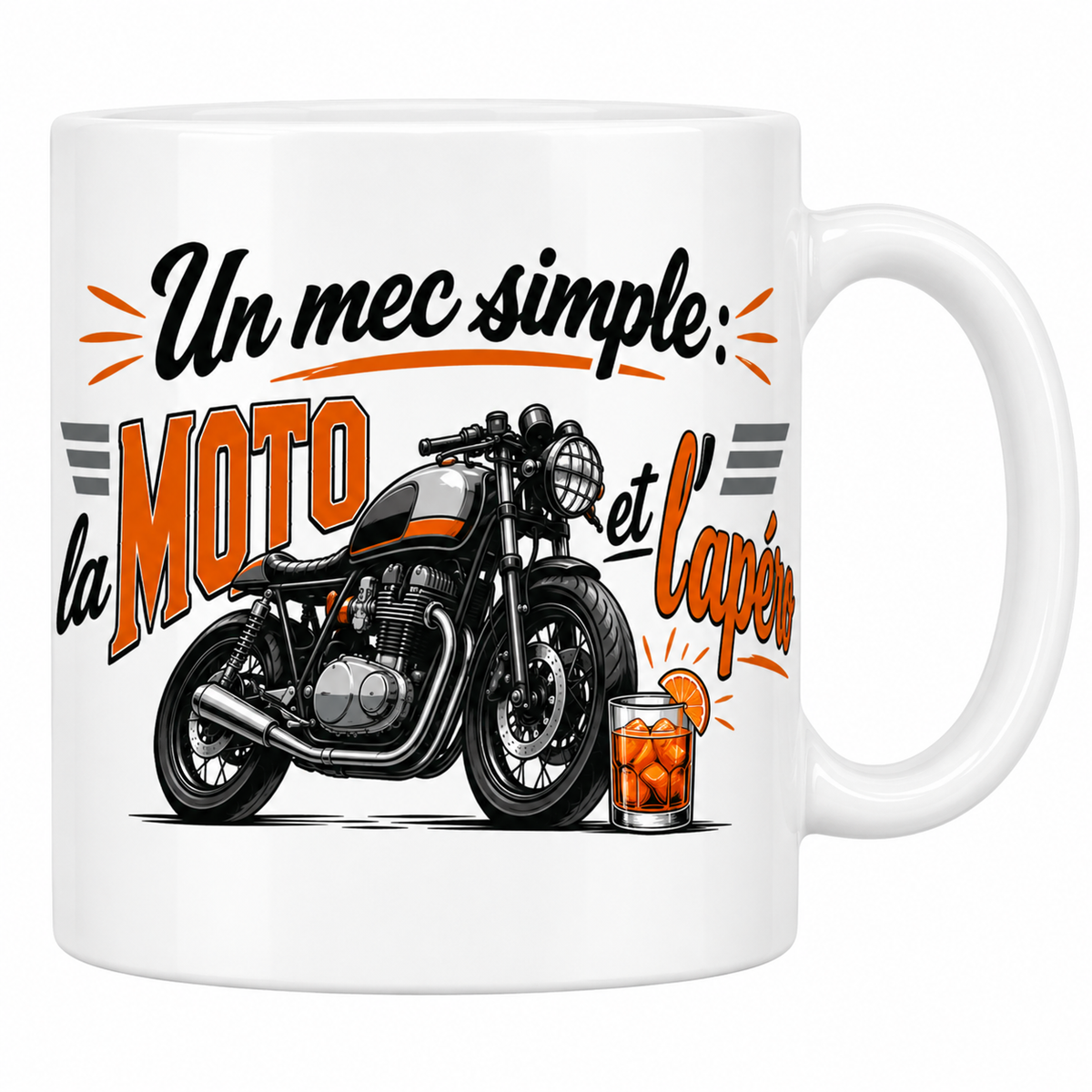 Mug blanc Un mec simple la moto et l'apéro avec moto café racer illustrée et verre orange