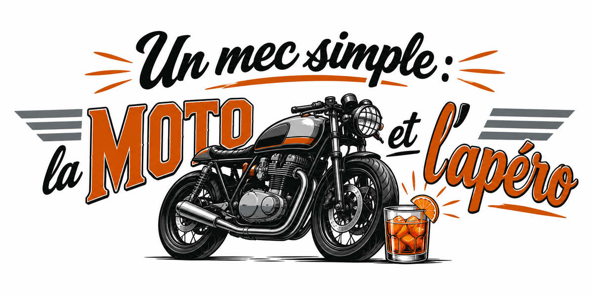 Visuel illustré moto café racer noire, verre d'apéritif orange et texte Un mec simple : la moto et l'apéro