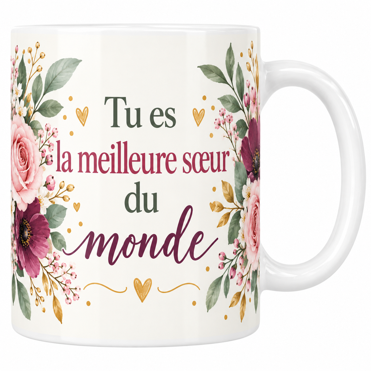 Mug crème Tu es la meilleure sœur du monde avec bouquets de roses aquarelle et lettrage prune
